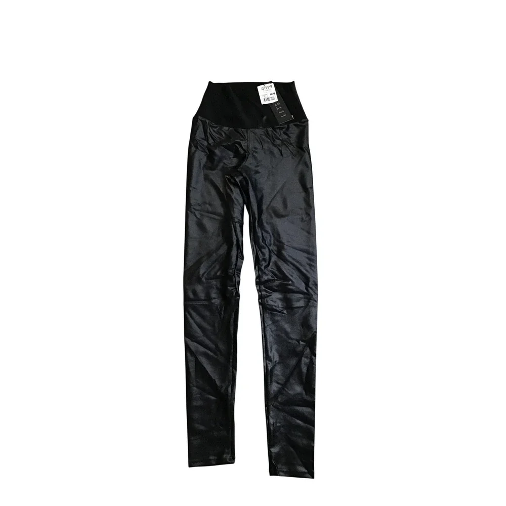 Lets Gym Women's‎ Black Shiny High Waist Fitness Essencial Leggings Size M NWT